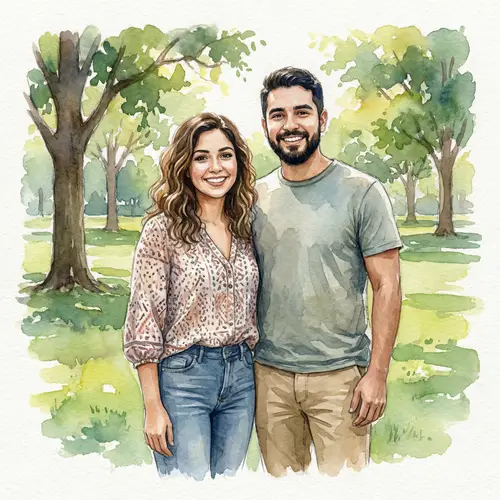 Young Hispanic Couple in Casual Attire - Watercolor Painting