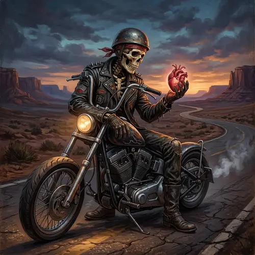 Fantasy Skeleton Biker Holding Heart Art