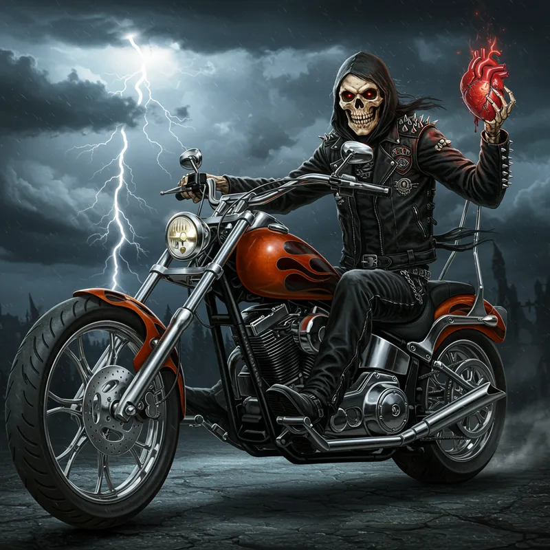 Fantasy Skeleton Biker Holding Heart Art