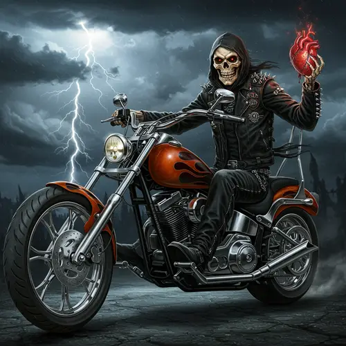 Fantasy Skeleton Biker Holding Heart Art