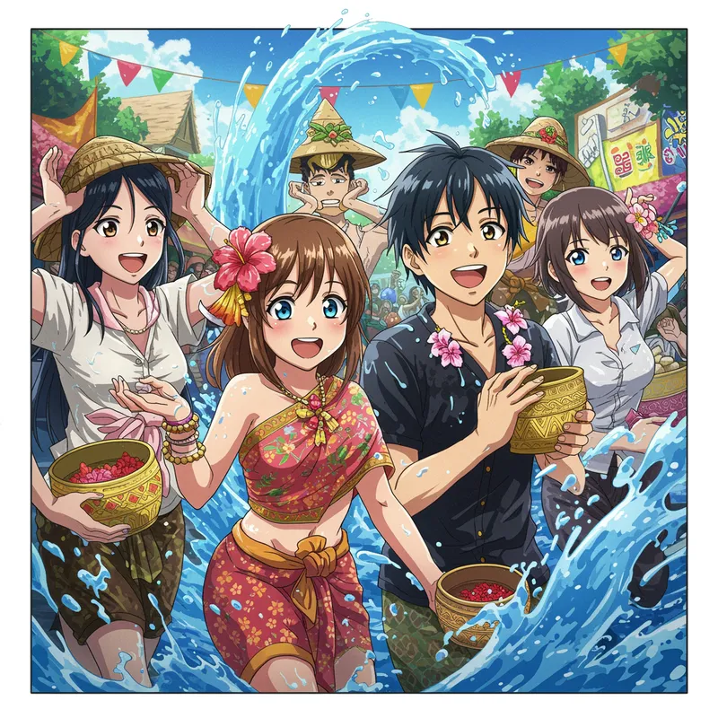 Joyful Songkran Festival in Vibrant Anime Style