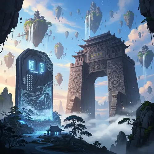 Epic Giant Gate Amidst Floating Islands - Fantasy Art