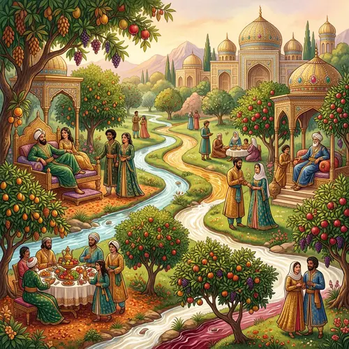 Paradise in Quran: Islam-Inspired Illustration of Lush Garden of Delights