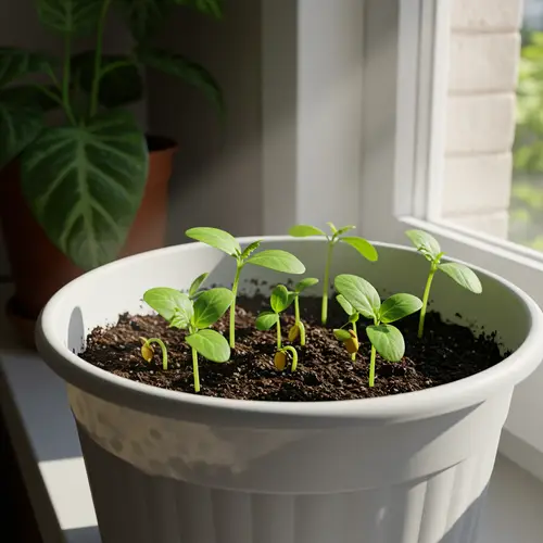 Realistic Cucumber Seedlings in a White Pot