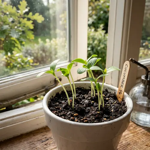 Realistic Cucumber Seedlings in a White Pot