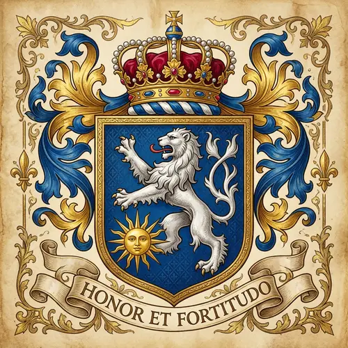 Azure Shield with Silver Lion and Golden Sun Emblem