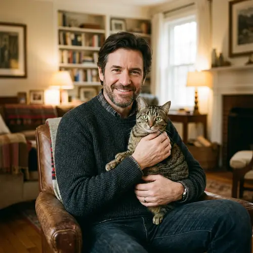 Middle-Aged Man Holding Tabby Cat in Stylish Living Room
