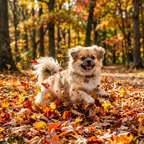 Cute Tibetan Spaniel Playing in Autumn Leaves - Joyful Scene