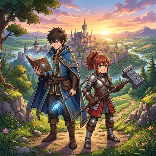 Mage and Warrior Anime Characters | Medieval Fantasy Scene