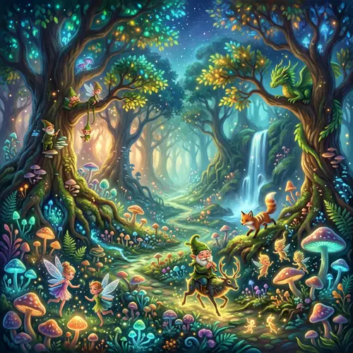 Enchanted Forest with Glowing Mushrooms and Playful Creatures