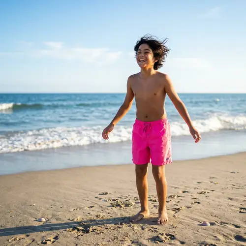 13 Year Old Boy at the Beach | Pure Joy in Pink Shorts