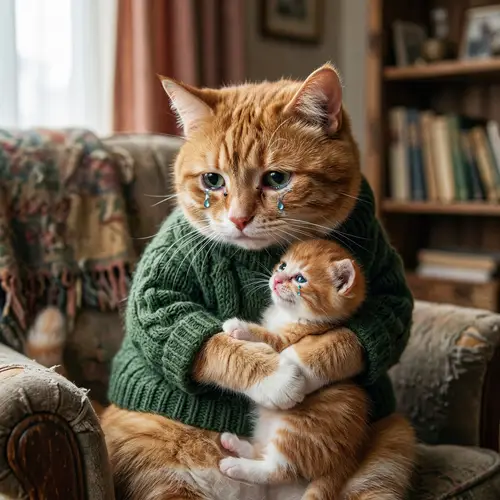 Tearful Red-Haired Cat with Kitten in Real-Life Attire