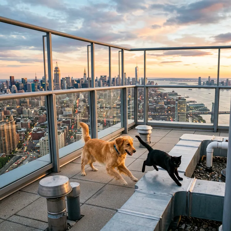 Dog and Cat Battling on Urban Skyscraper Dog and Cat Battling on Urban Skyscraper