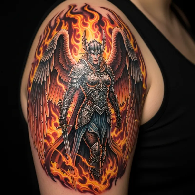 Stunning Valkyrie Tattoo Design with Flames
