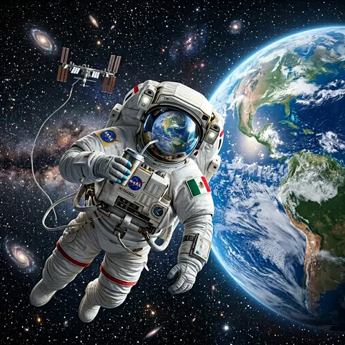 Hispanic Man in Space Suit Admiring Earth with Coffee in Hand