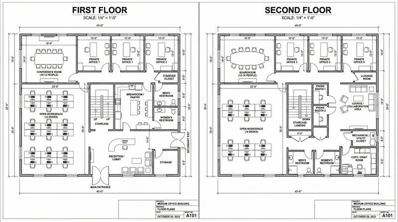 Professional 2D Floor Plans for Two-Story Offices