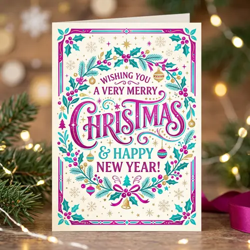 Christmas Card in Magenta and Turquoise Colors