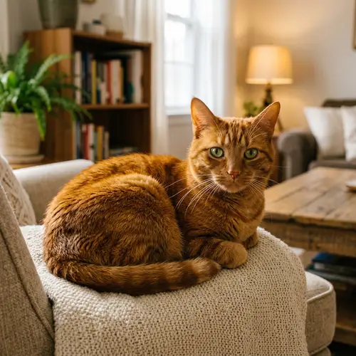 Fluffy Orange Domestic Short-Hair Cat with Green Eyes
