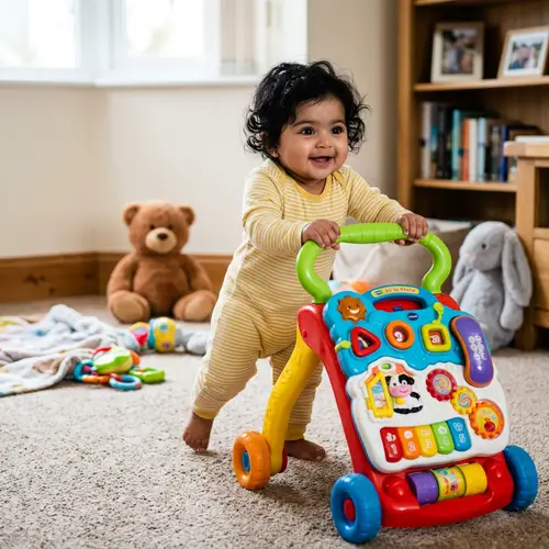 Adorable South Asian Baby Taking First Steps with Toy Walker