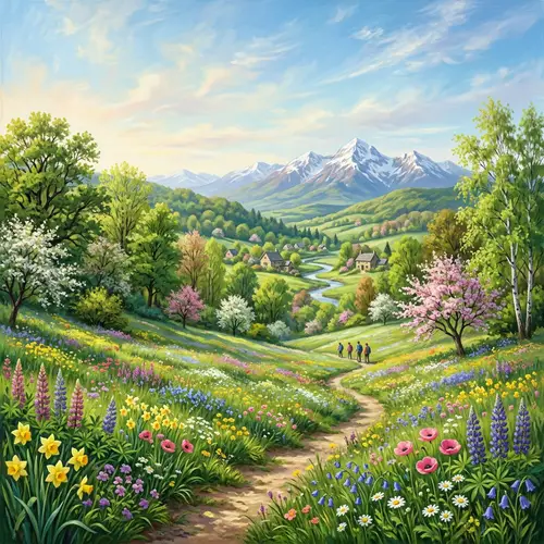 Enchanting Spring Landscape with Lush Green Trees and Colorful Flowers