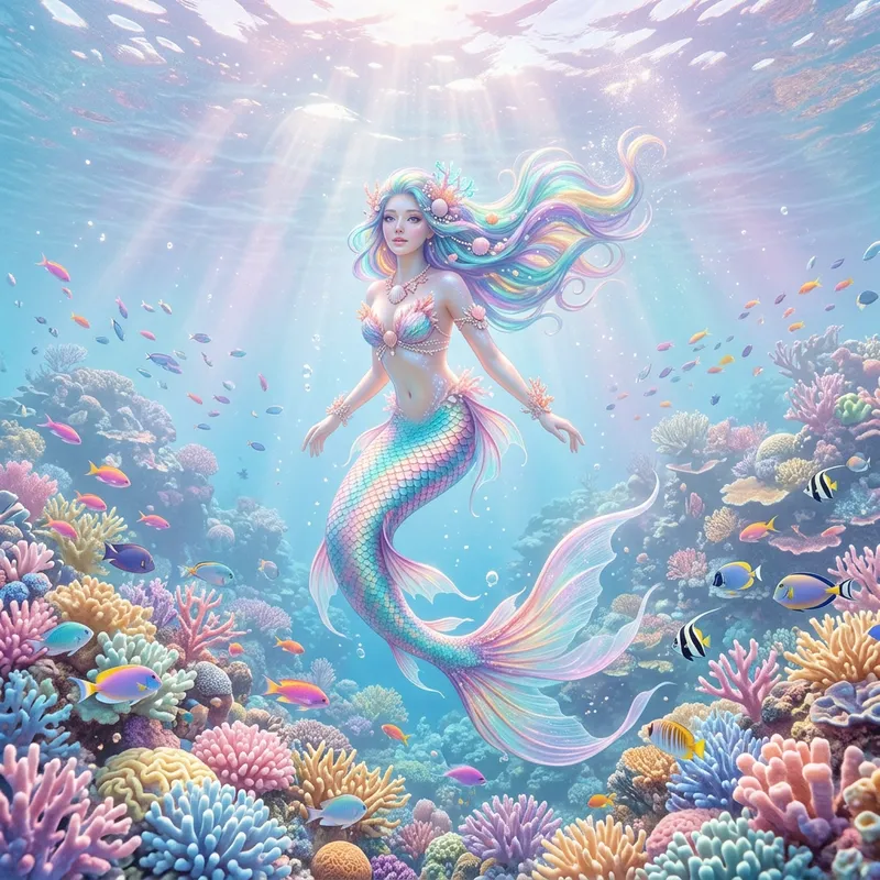 Ethereal Mermaid in Vibrant Coral Reef Fantasy
