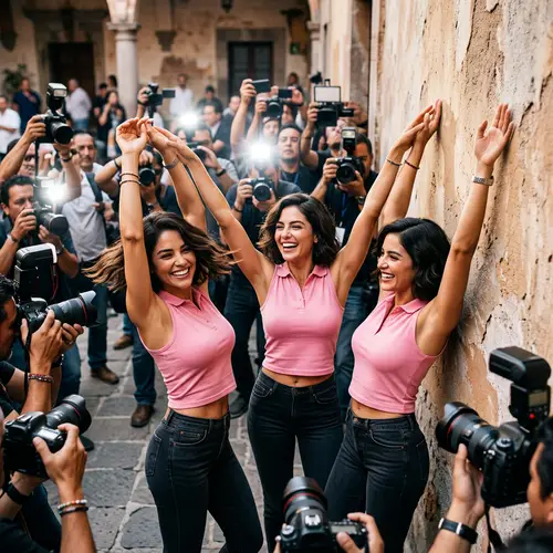 Mexican Women in Pink Polo Surrounded by Paparazzi