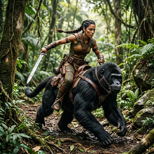 Fierce Hispanic Warrior Riding Monkey | Silver Sword in Hand