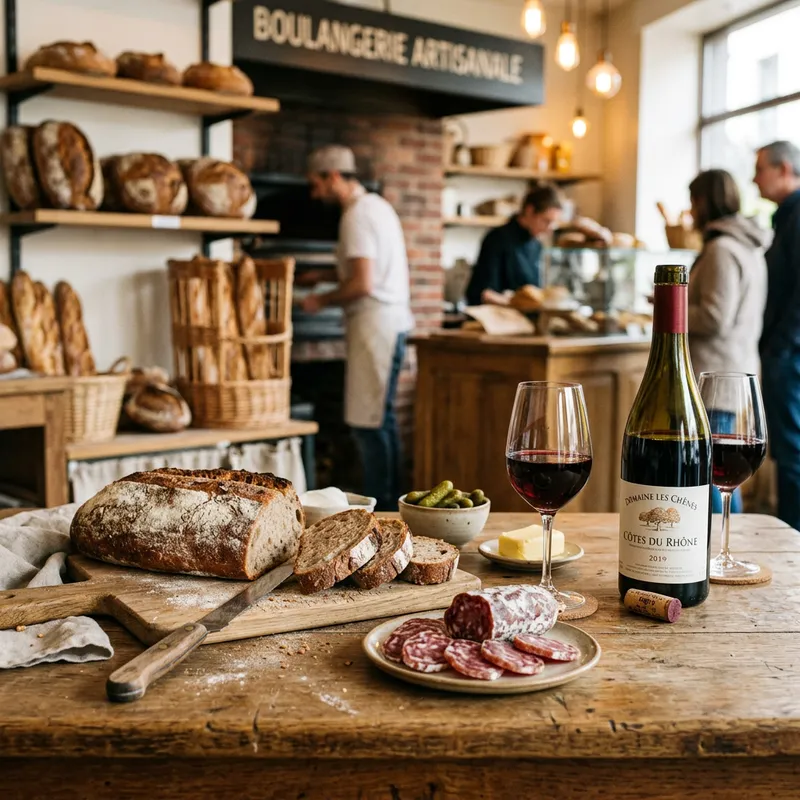 Saucisson Bread and Wine in a Rustic Bakery