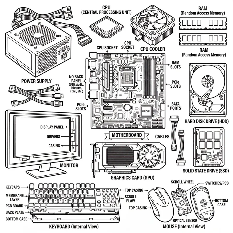 Colorful Computer Parts Illustration for Enthusiasts