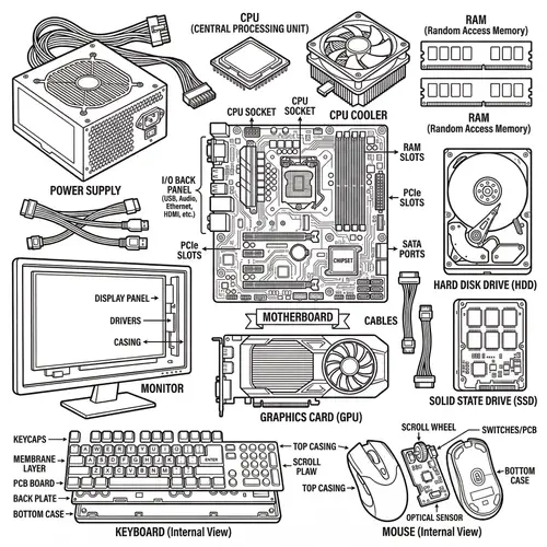 Colorful Computer Parts Illustration for Enthusiasts