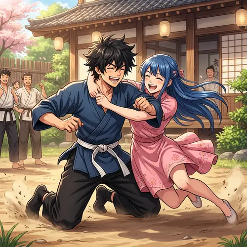 Playful Martial Arts Wrestling Match with Male and Female Characters