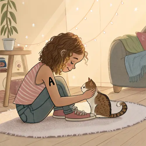 Girl with Short Hair Playing with Cat & Tattoo