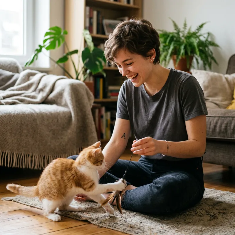 Girl with Short Hair Playing with Cat & Tattoo
