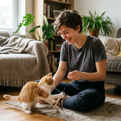 Girl with Short Hair Playing with Cat & Tattoo