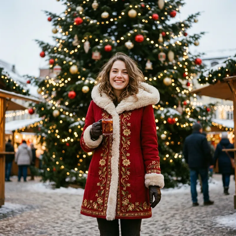 Beautiful Young Snow Maiden in Red Embroidered Fur Coat