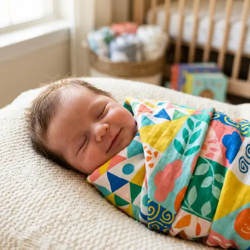 Adorable Sleeping Baby in Colorful Swaddle Blanket