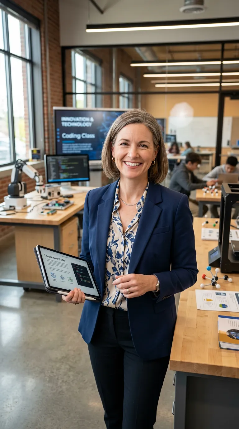 Professional Female English Teacher in Modern Studio