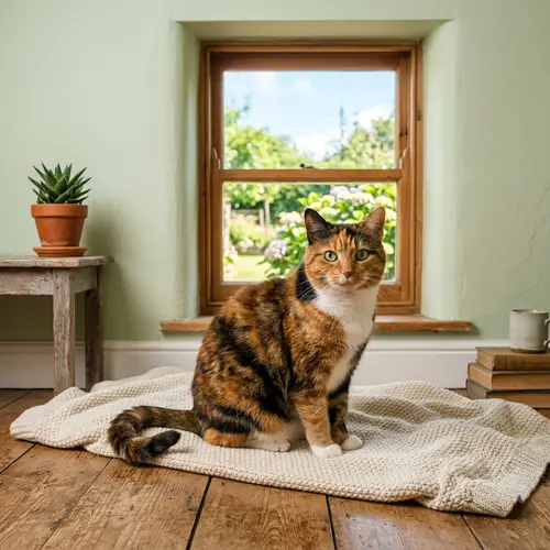 Adorable Calico Cat with Bright Green Eyes on Rustic Wood Floor