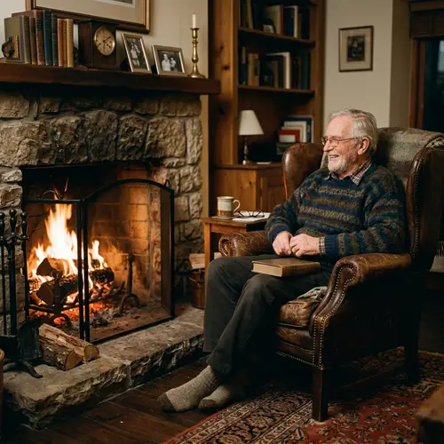 Elderly Man by the Cozy Fireplace