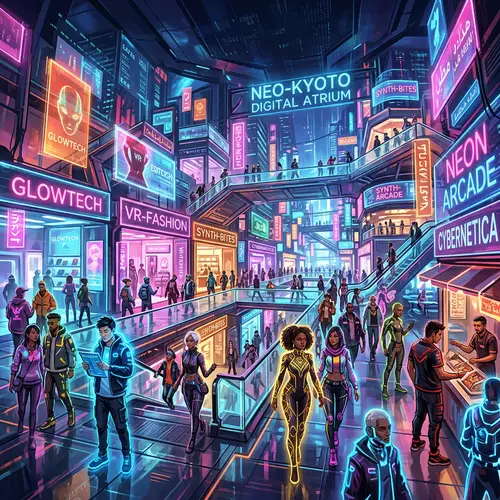 Futuristic Cyberpunk Shopping Mall with Diverse Virtual Shoppers