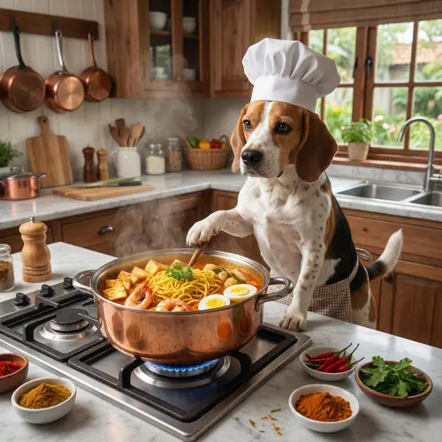 Adorable Dog Cooking Mee Curry