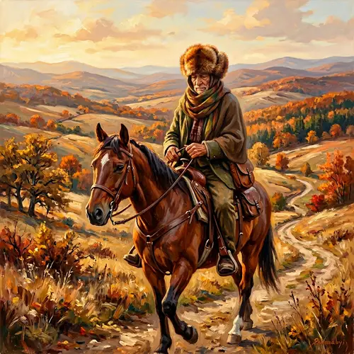 Elderly Man Riding Squirrel Fur Hat Horse - Autumn Landscape