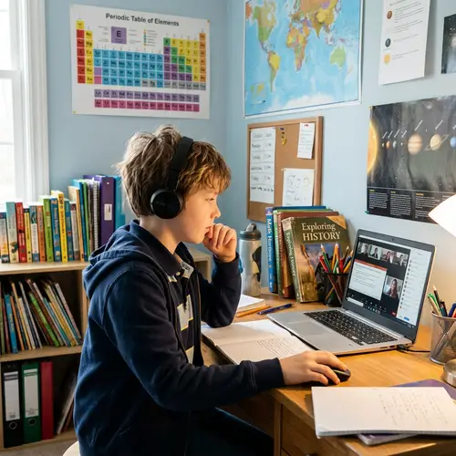 Caucasian Male Schoolboy in Engaging Online Lesson at Home
