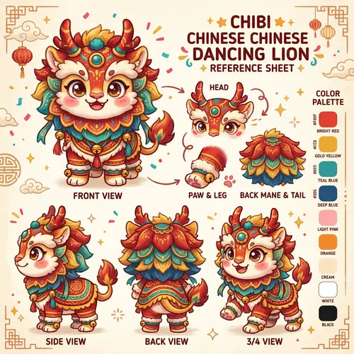 Detailed & Colorful Chibi Chinese Lion Reference Sheet