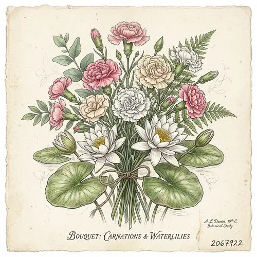 Beautiful Bouquet Drawing of Carnations & Waterlilies