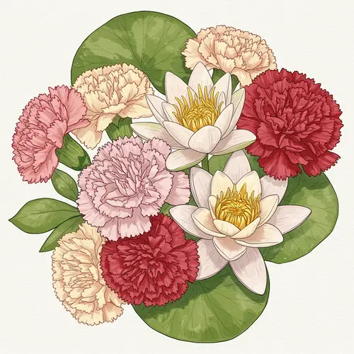 Beautiful Bouquet Drawing of Carnations & Waterlilies