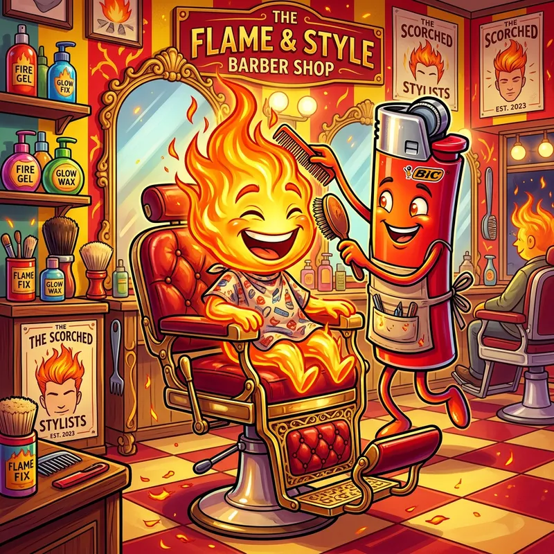 Whimsical Flame Character in Vintage Barbershop Chair Whimsical Flame Character in Vintage Barbershop Chair