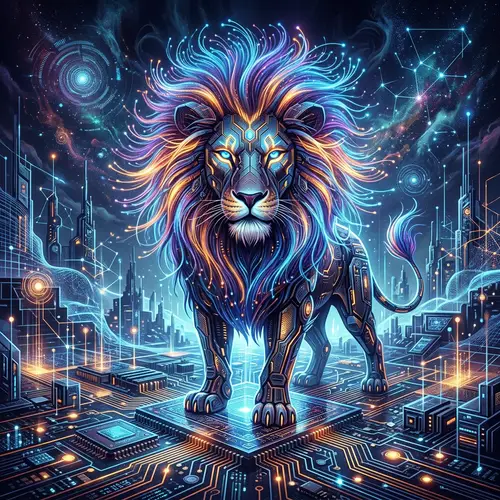 Abstract Lion in Silicon Chip Landscape | Dominate Advanced Technology