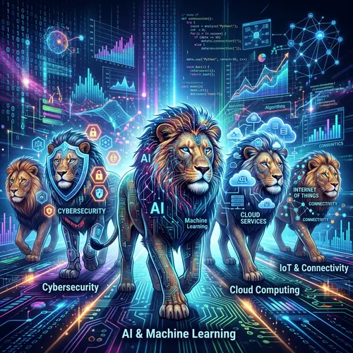 Digital Lions: Innovative IT Sector Metaphor - Business Strength & Courage