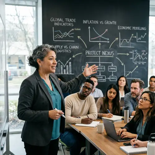 Hispanic Businesswoman Leading Economics Discussion in Diverse Meeting
